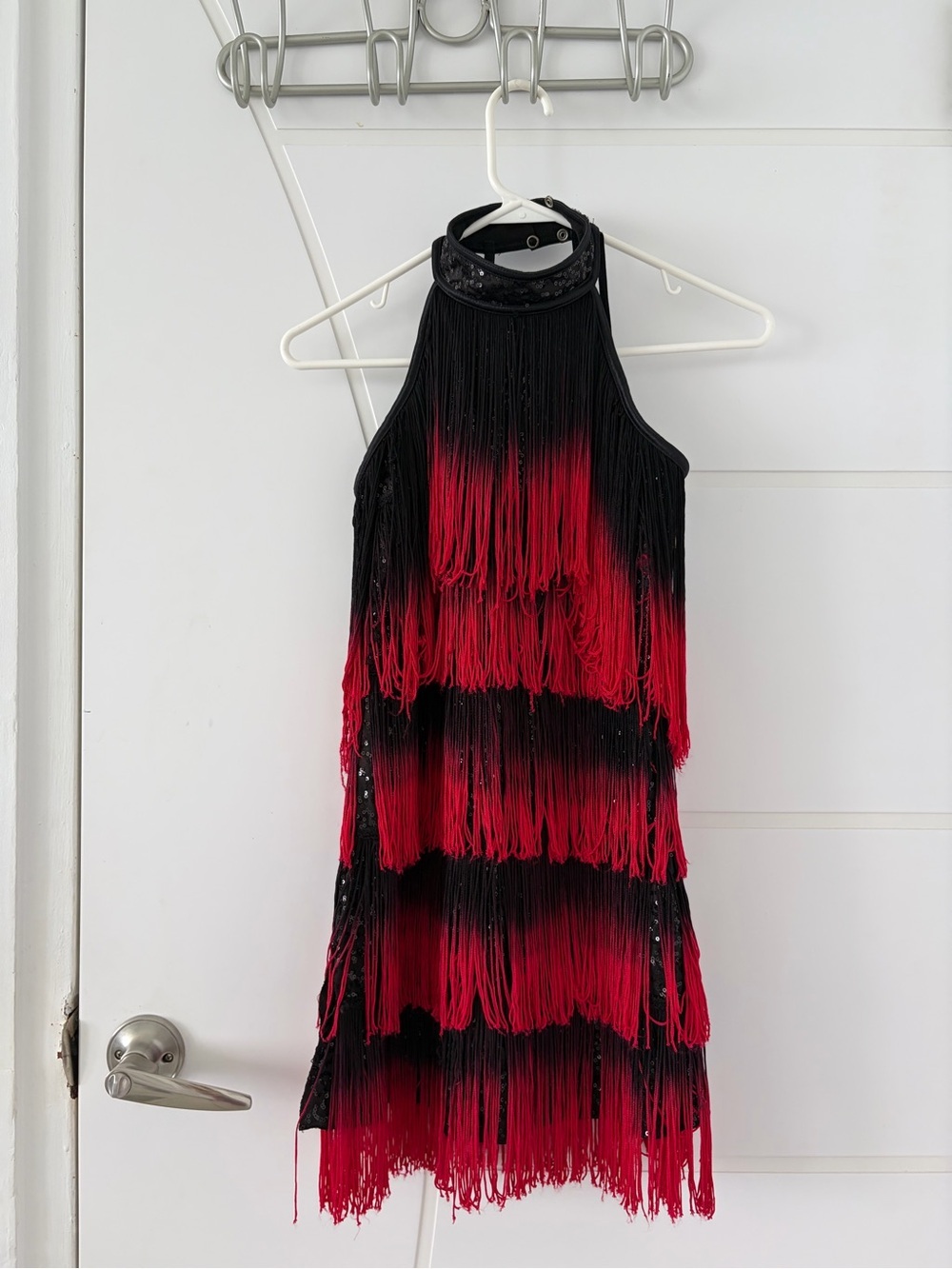 Weissman Fringe Dance Costume LC Red Black Sequin Jazz Tap Skating Leotard